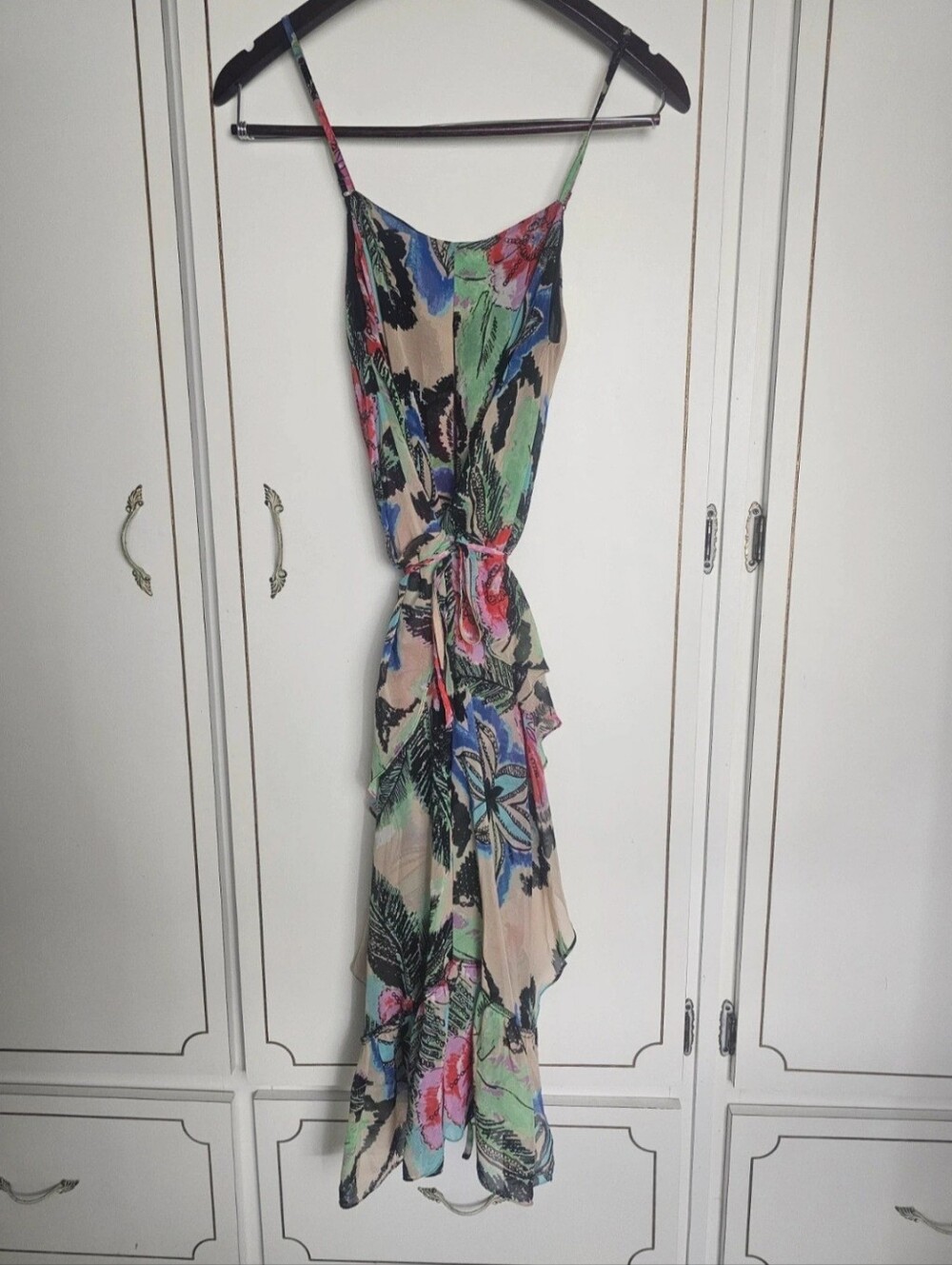 Andrew Charles Floral Tie-Waist Maxi Dress in Beige, Green, Blue and Pink